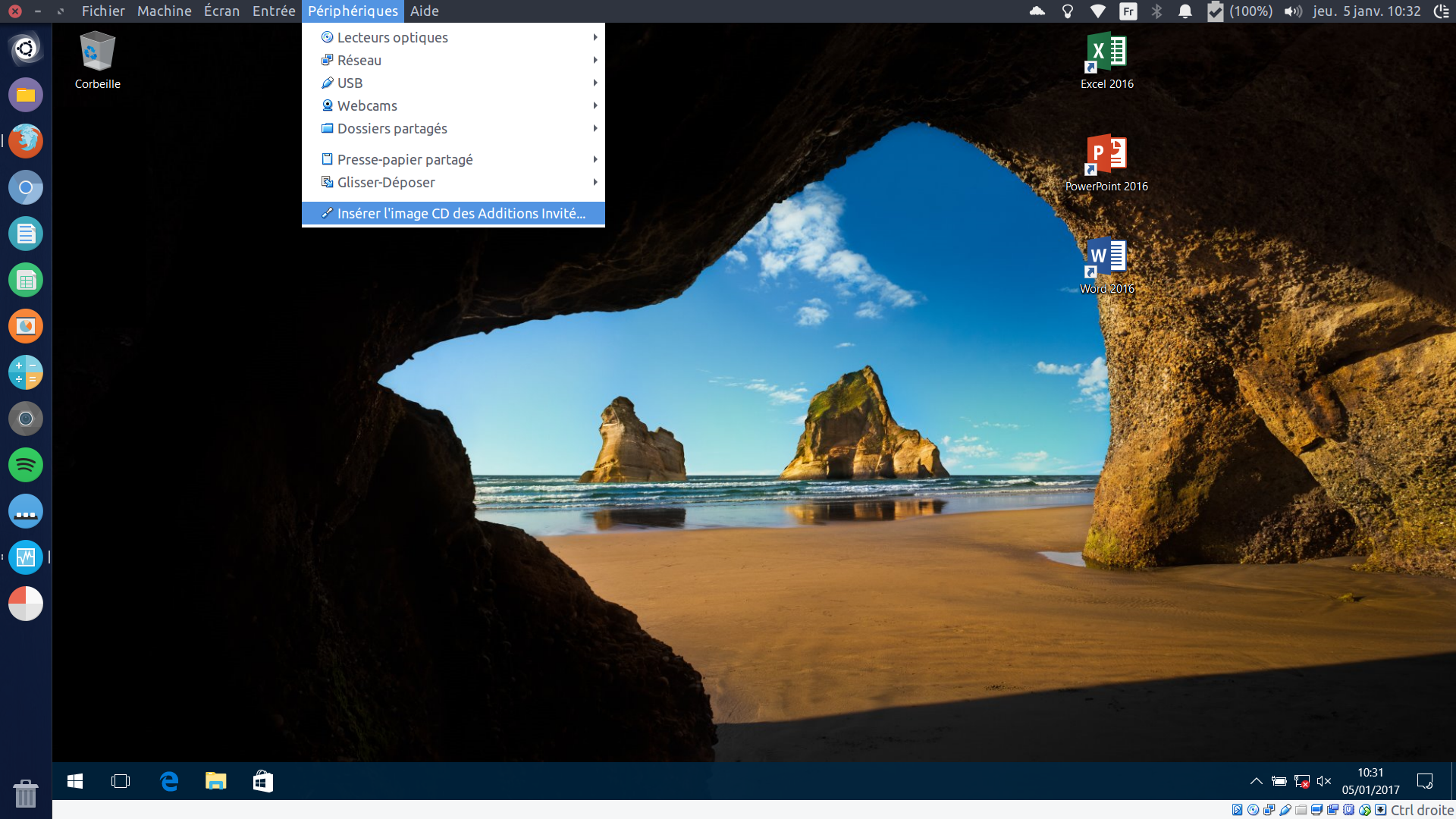 Capture d'écran de Windows 10 en virtualbox