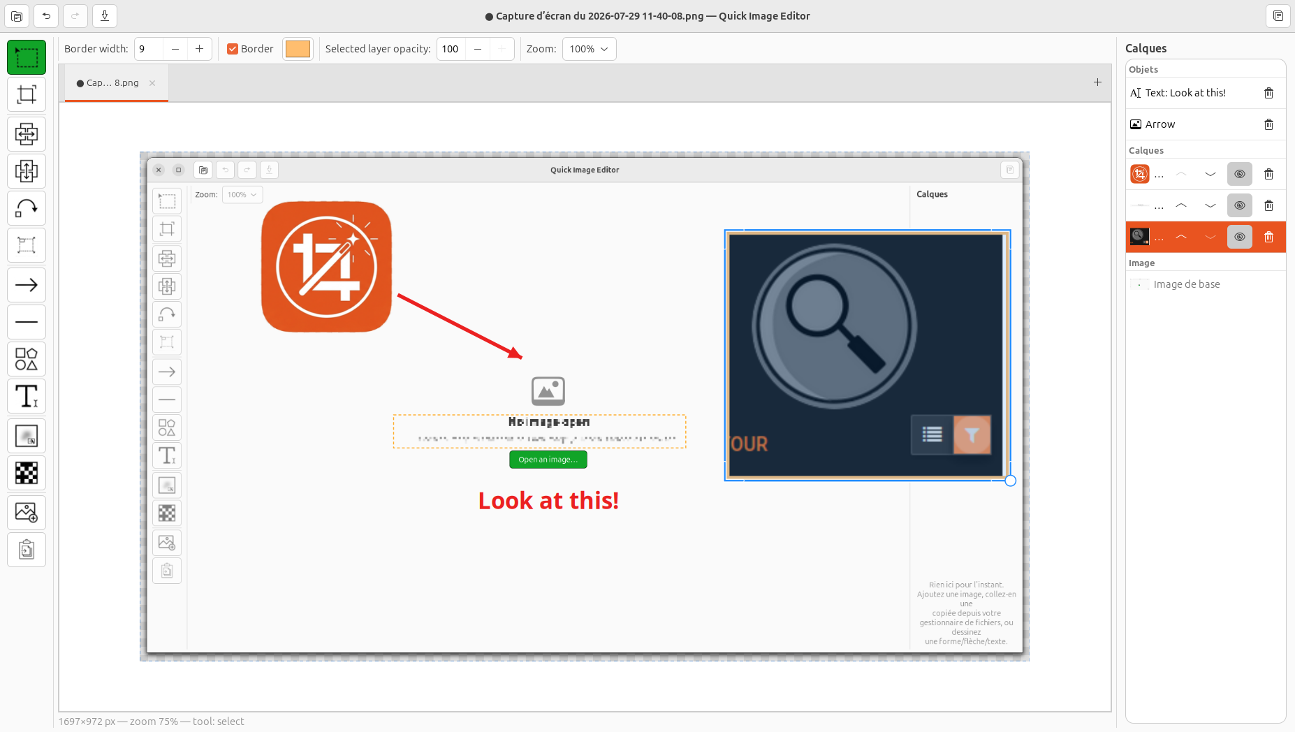 Interface de retouche d'image Quick Image Editor avec calques, icônes d'outils et flèche d'annotation rouge.