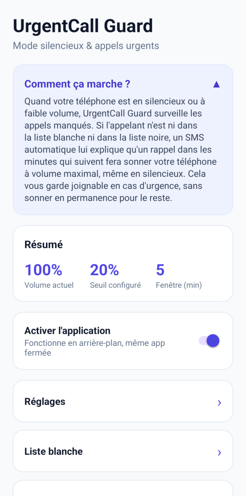 Interface de l'application UrgentCall Guard pour la gestion des appels urgents en mode silencieux sur mobile.